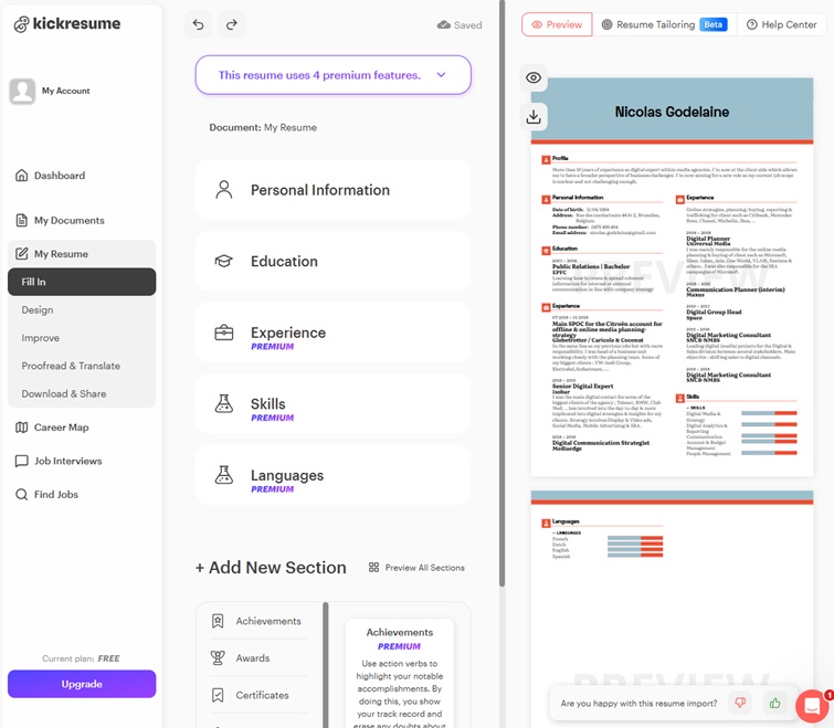 Kickresume AI writing assistant generating resume content with GPT-4