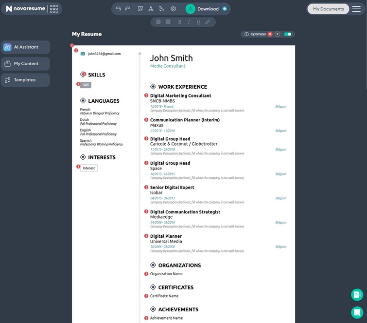 Novoresume resume builder with multilingual templates and international CV formats