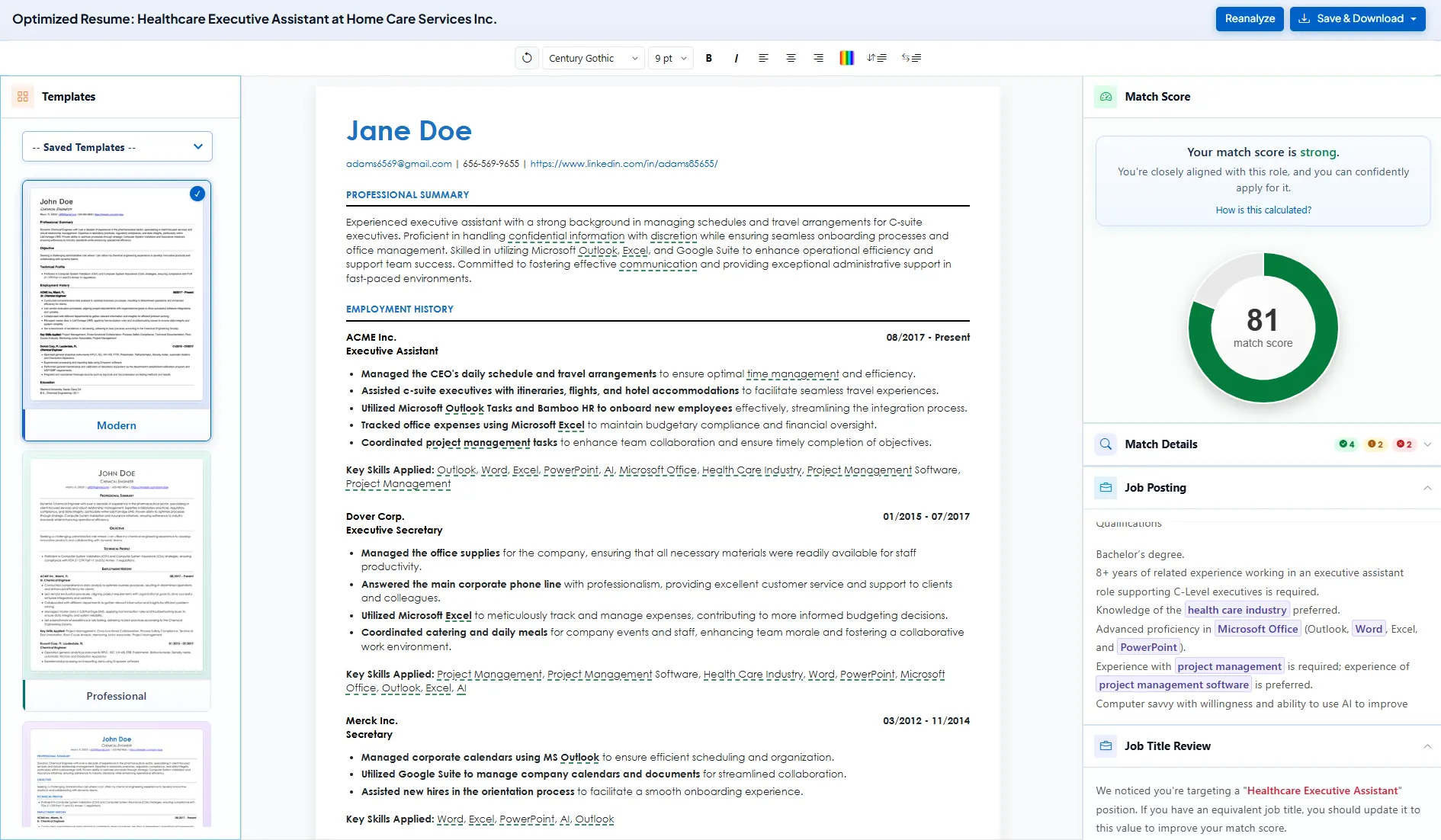Resume Optimizer Pro resume editor showing an optimized resume with an ATS match score of 81