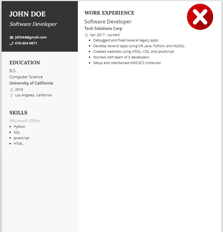 Example of a fancy resume template with graphics, columns, and icons that fails ATS parsing